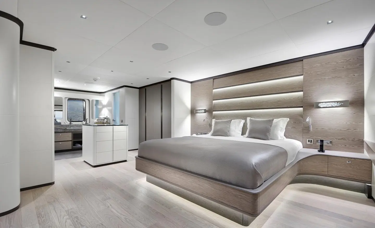 Luxurious master cabin on All About U 2 yacht with plush bed and seating