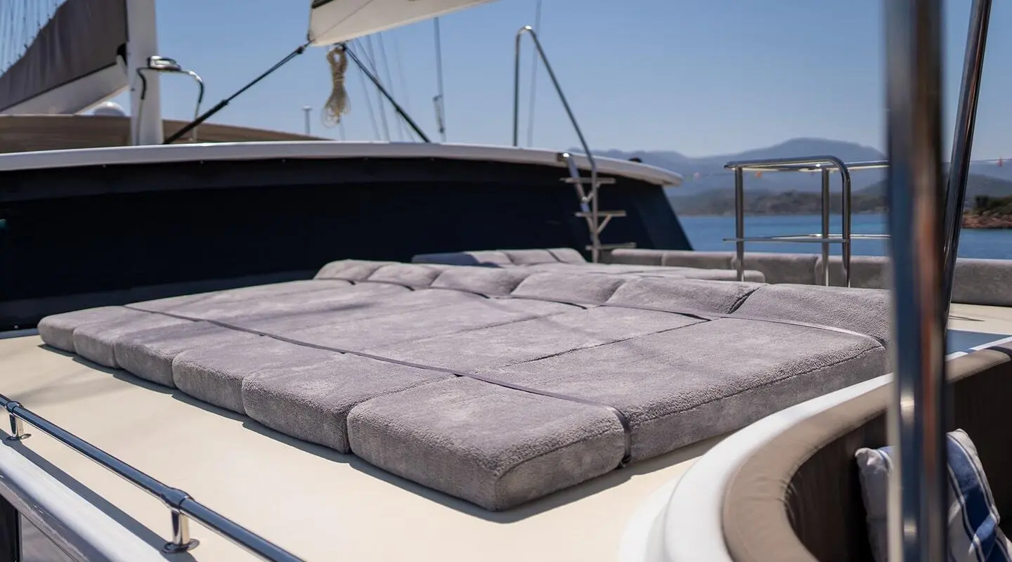 Nevra Queen yacht deck with cushioned sun loungers at sunset on calm water