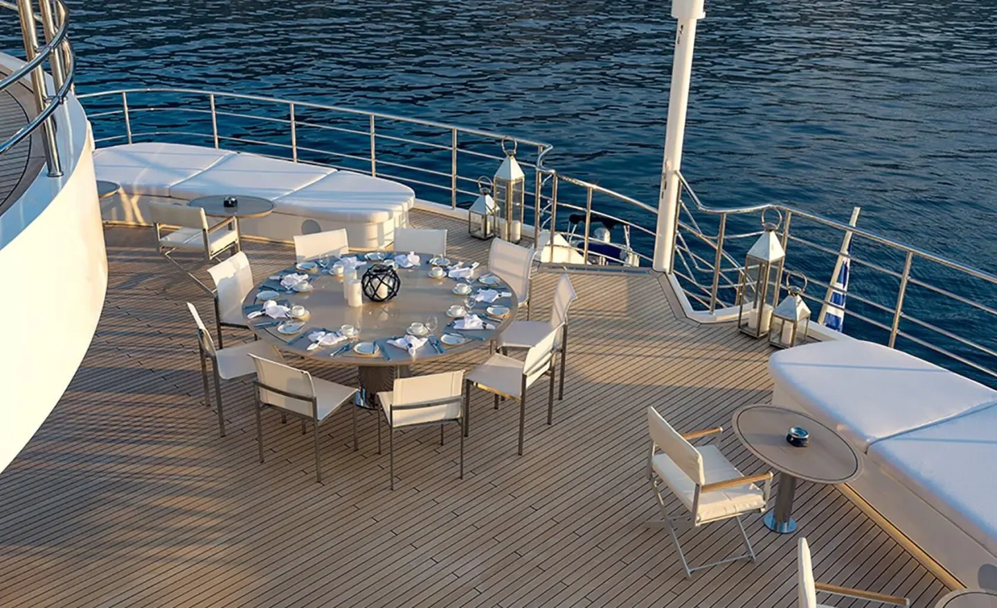 Yacht Marquise dining deck setup with round tables, beige chairs, blue ocean backdrop