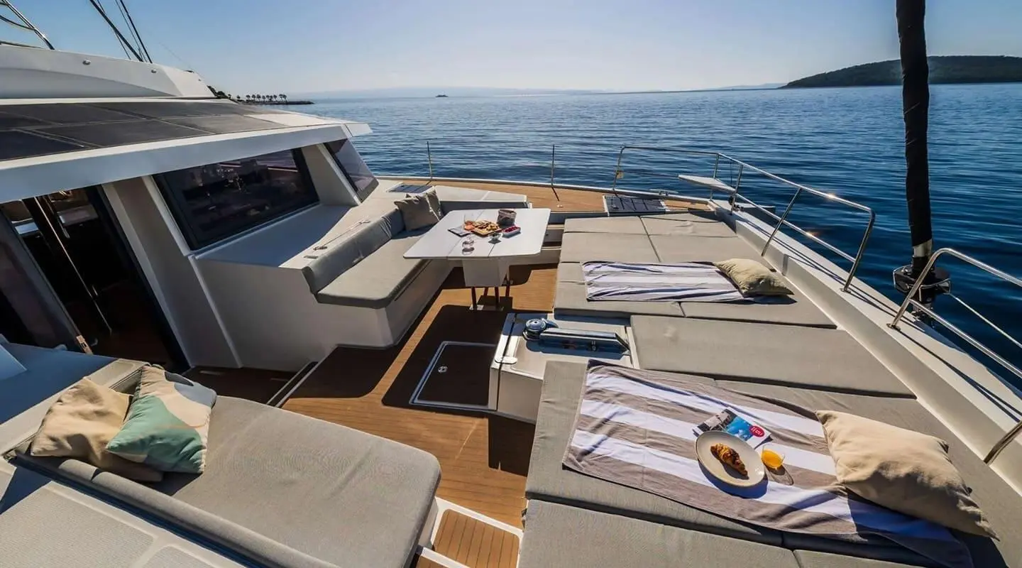 Sun loungers and seating on a yacht deck with ocean view