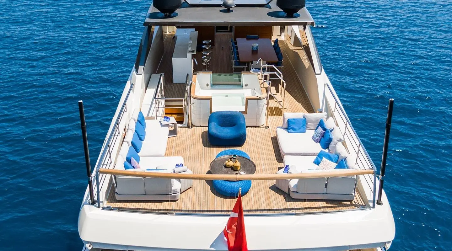 Yacht Morning Star deck viewed from stern with seating, cushions, and blue water