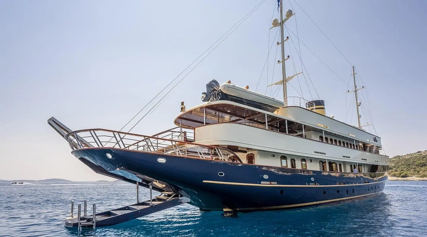Casablanca luxury yacht anchored in calm blue water with hull and deck details