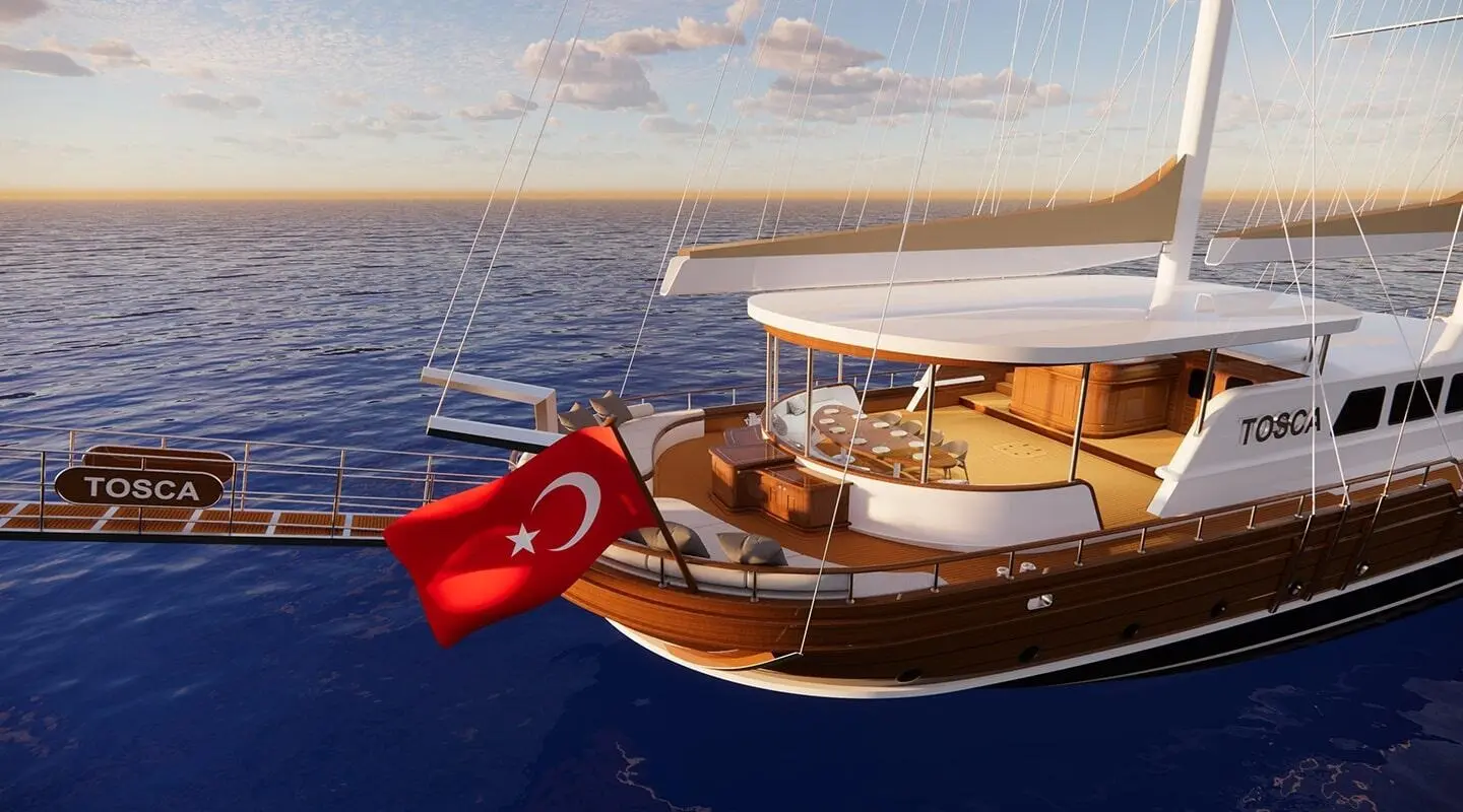 Sailing yacht Tosca with wooden deck and red lifebuoy in calm blue sea