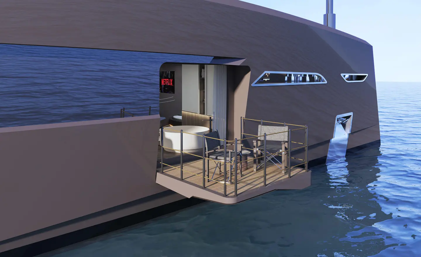 Yacht Bello deck area with seating, railing, and open doorway on water