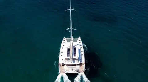 Aerial view of the Daiquiri motor yacht sailing on blue sea