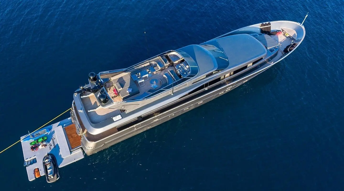 From above, a large yacht named Summer Fun anchored in blue sea