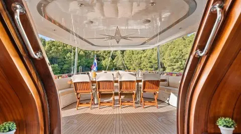 Aft deck seating and dining area on Alessandro I with wooden chairs and table.