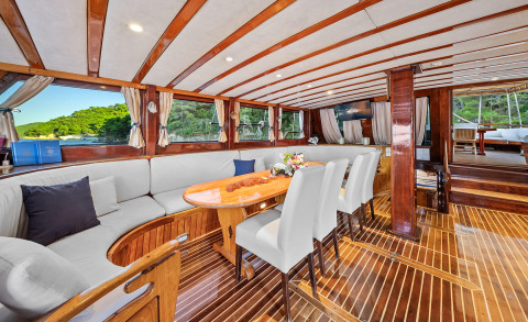 Luxurious interior of Eleganza yacht with white seating, wooden dining table, and large windows overlooking green coastline
