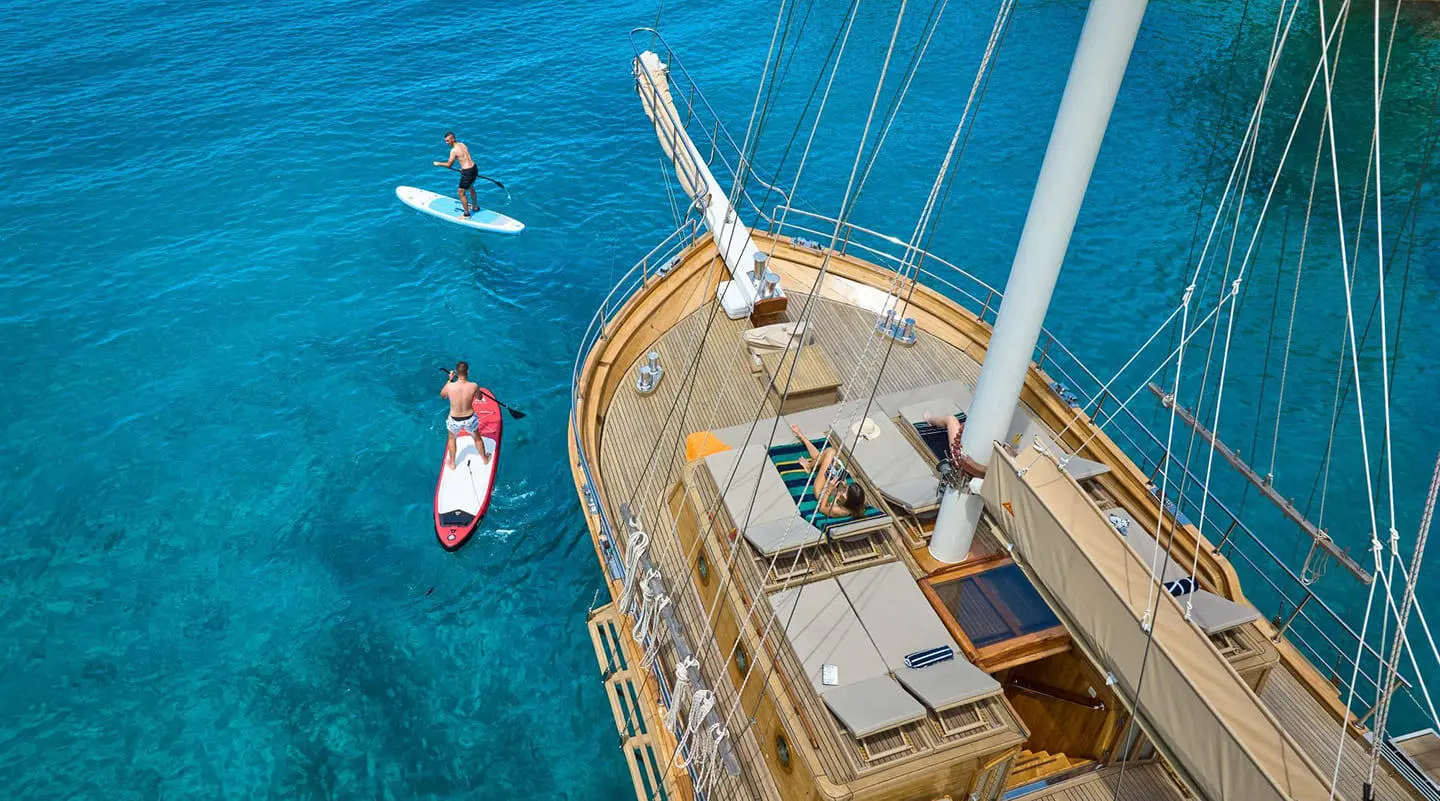 Aerial view of Libra luxury gulet with sun deck and blue sea backdrop