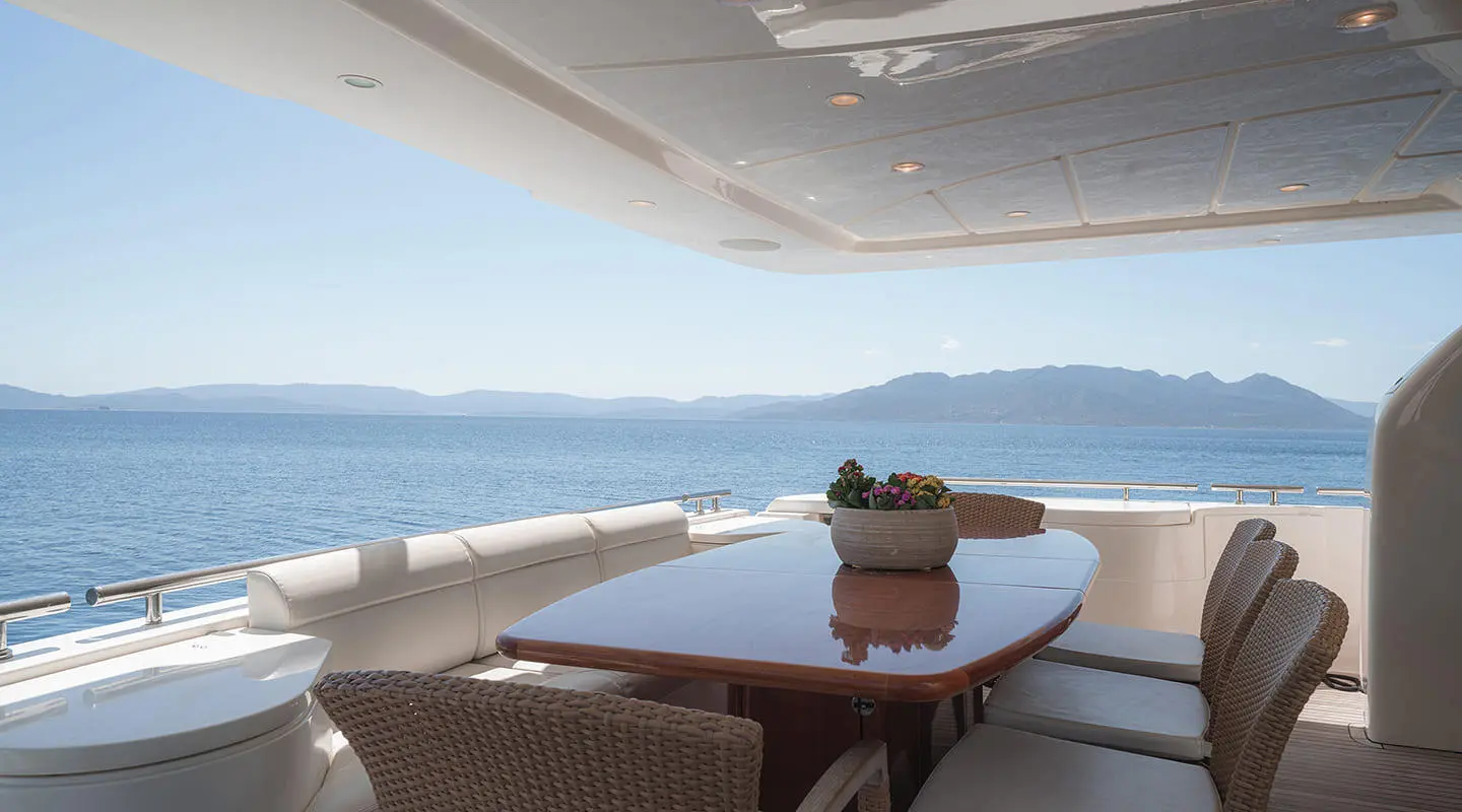 Lidia yacht aft deck with table and seating, ocean view ahead