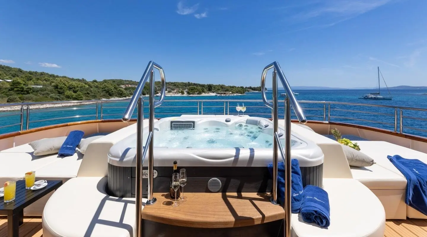 Open deck with a hot tub on a yacht, sea view