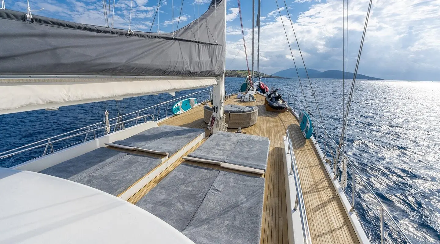 Sun deck of gulet Lucky You with people lounging on wooden seating under canopy