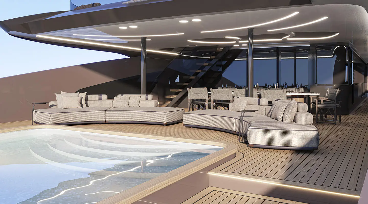 Bello yacht on a deck with a pool, seating area and sun loungers