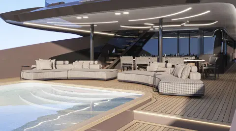 Bello yacht on a deck with a pool, seating area and sun loungers