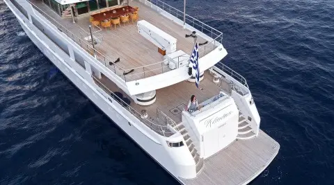 O'Natalina yacht seen from above, white hull, open deck, aft seating