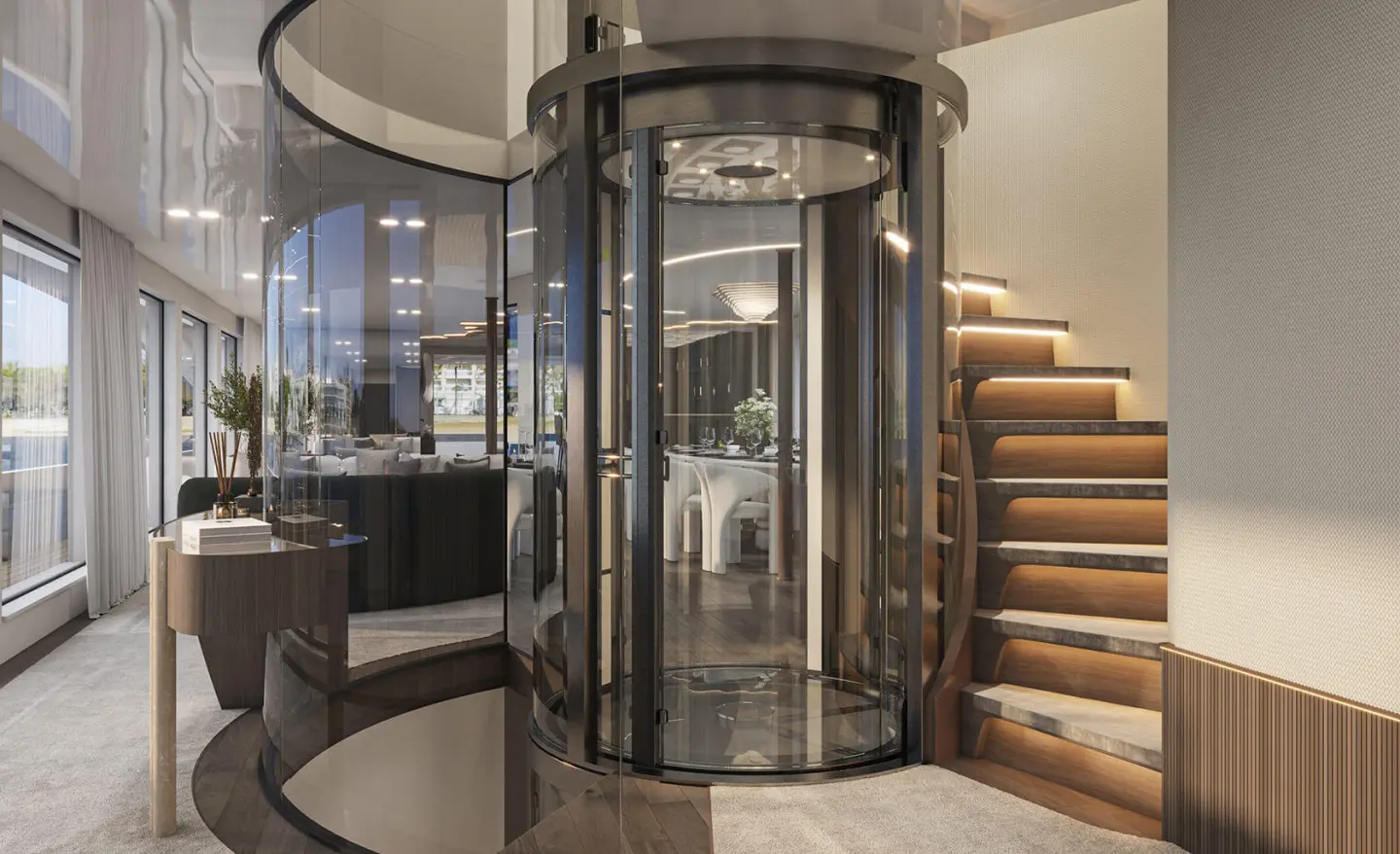 Interior of Bello luxury yacht with glass elevator, wooden stairs, and seating area