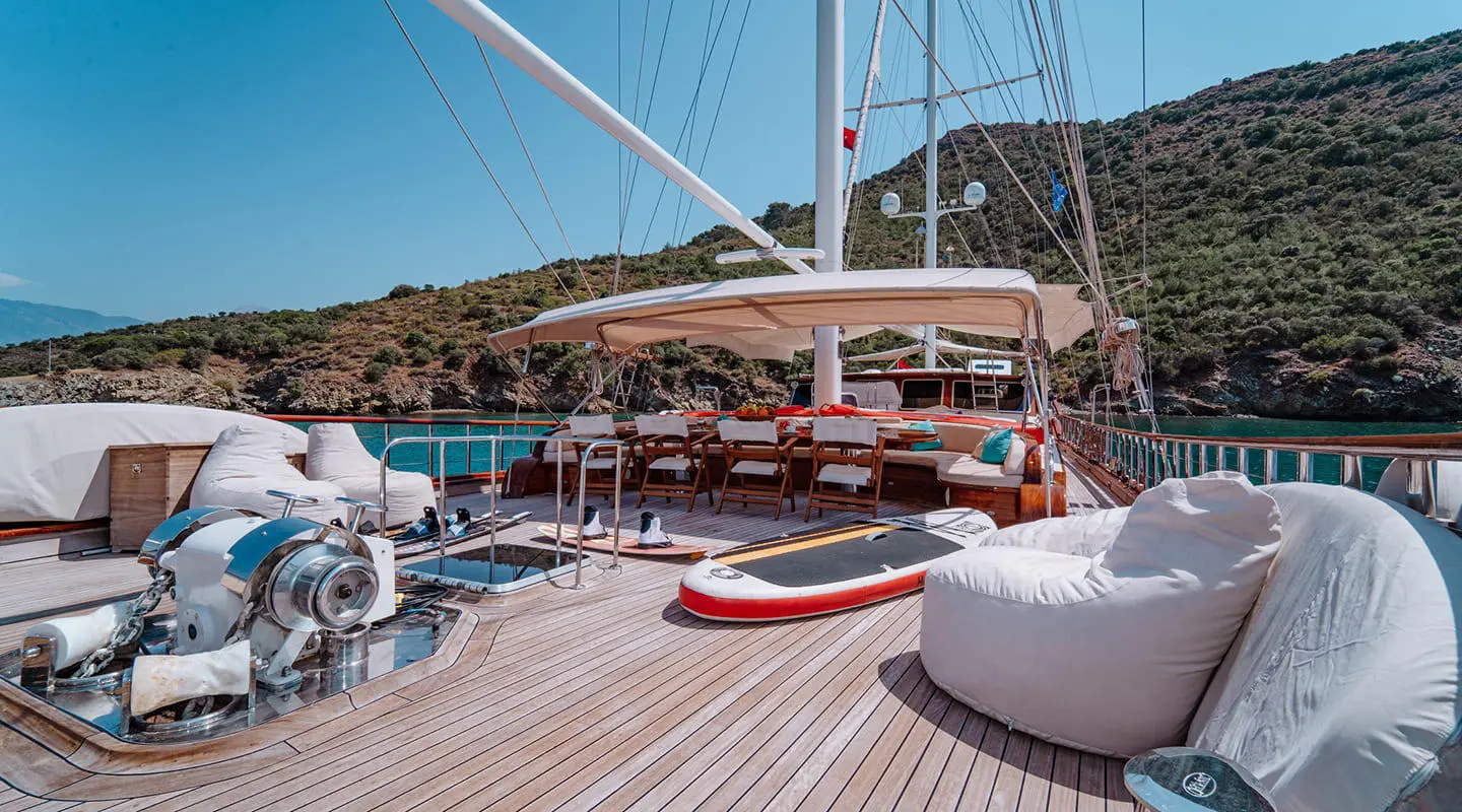 Lycian Queen yacht deck with wooden flooring, seating, and sunset sky above