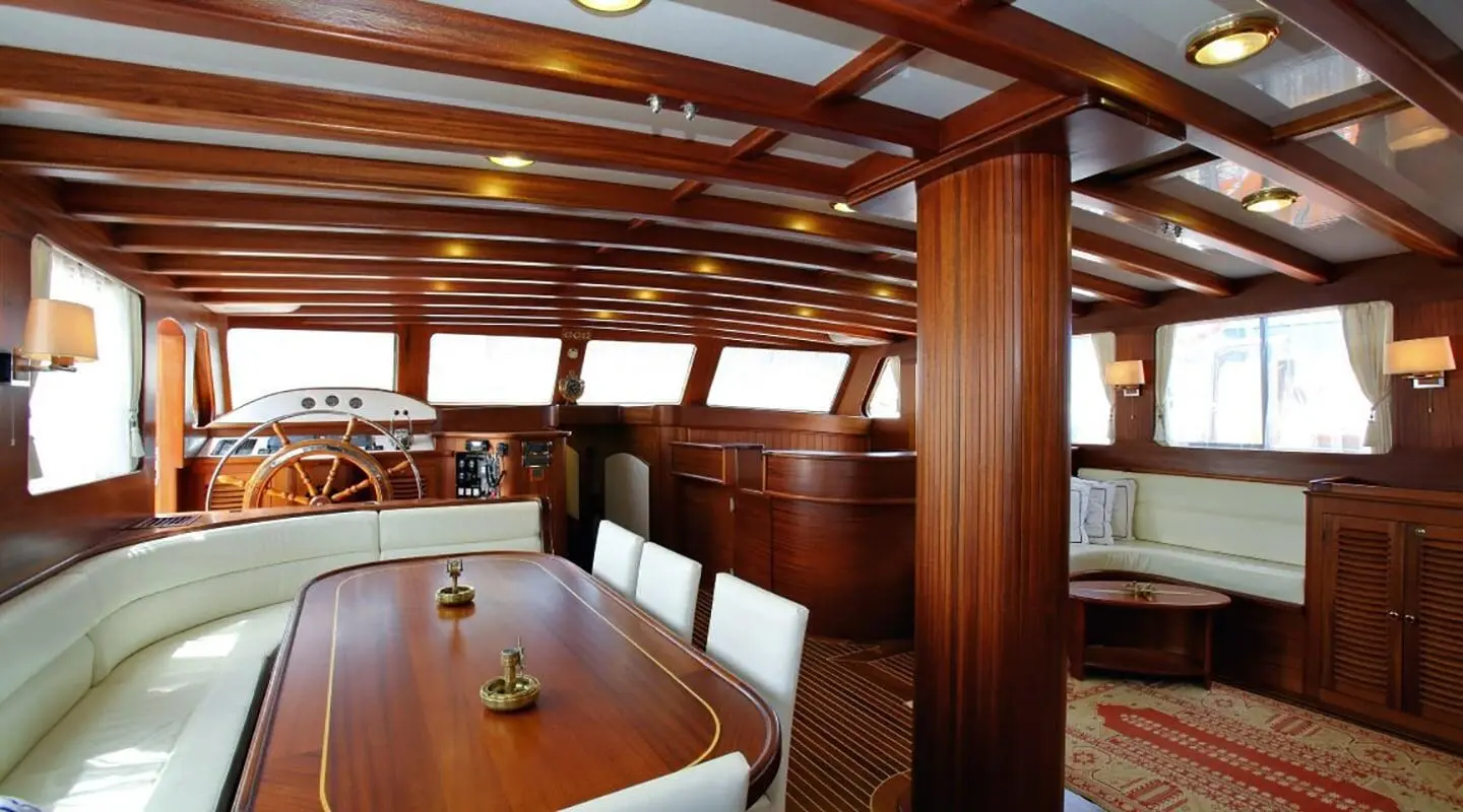 Luxurious wooden deck interior of Kaya Guneri 4 yacht with seating and polished surfaces