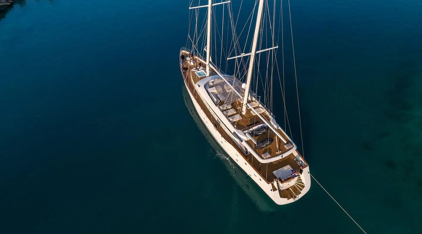 Top-down view of Navilux sailing yacht anchored in calm blue water