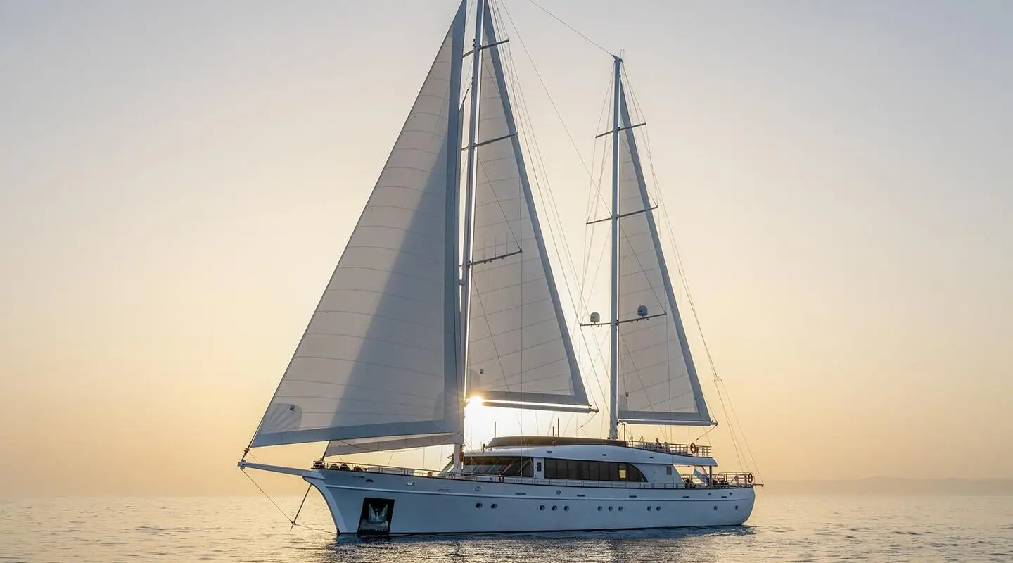 Love Story luxury 43m sailing yacht at sunset on calm seas