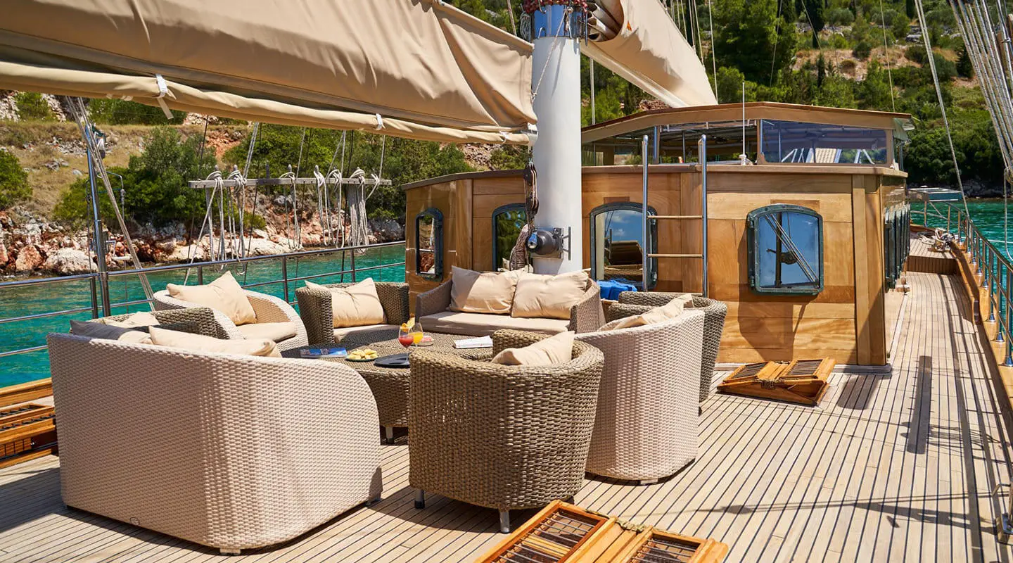 Lounge seating and wicker sofas on a wooden sun deck