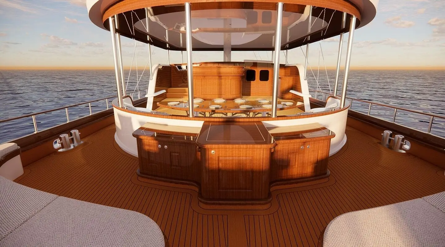 Tosca luxury gulet at sunset with teak deck and seating area