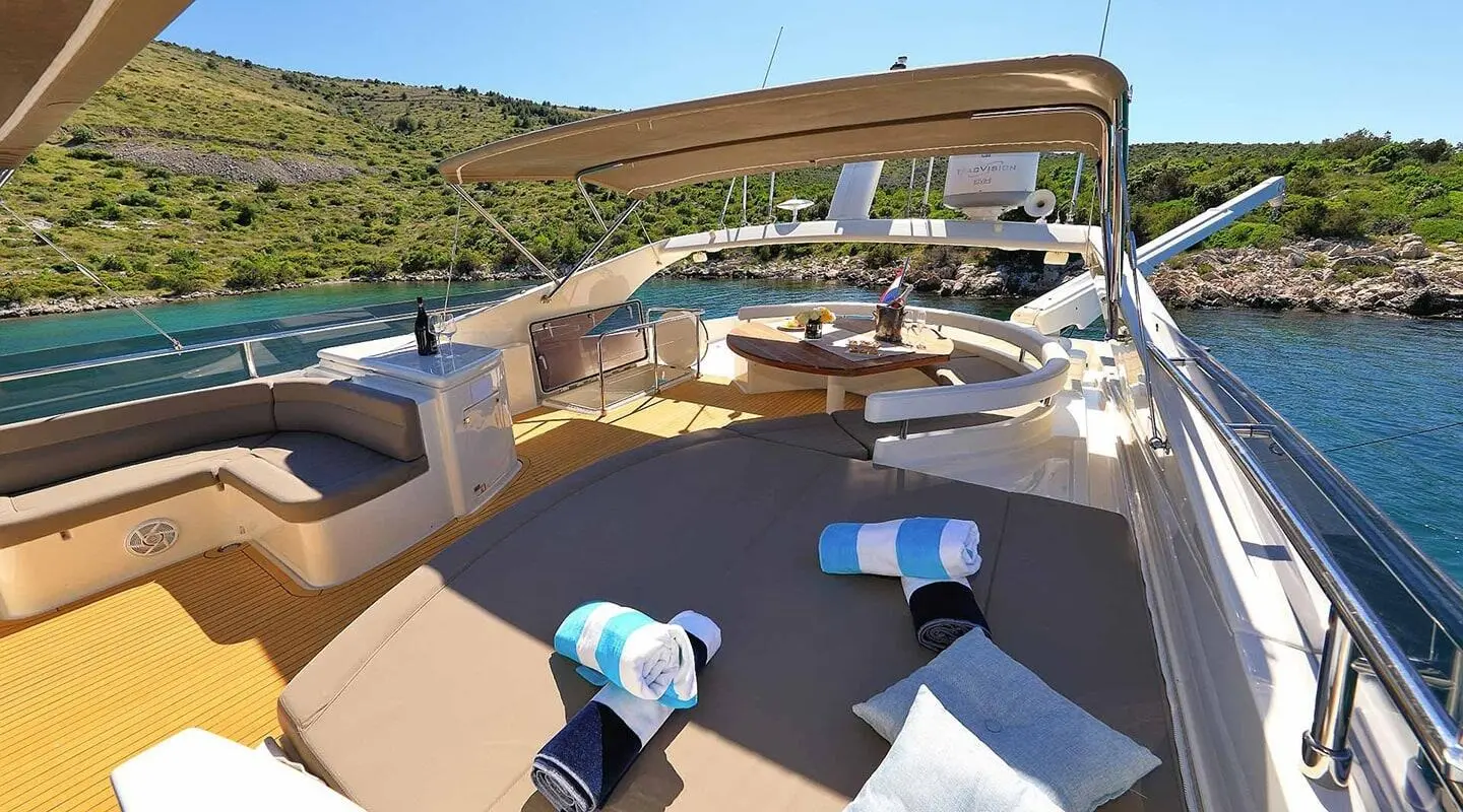 Quo Vadis I motor yacht on a sunny aft deck with loungers and seating