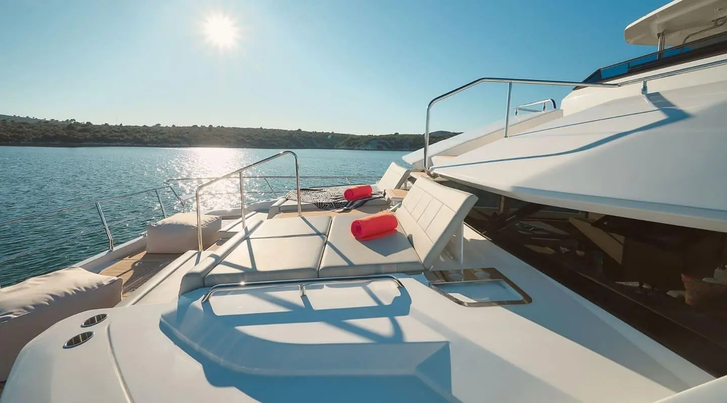 Bow deck view of By My Side yacht with seating and railings, sunlit sea