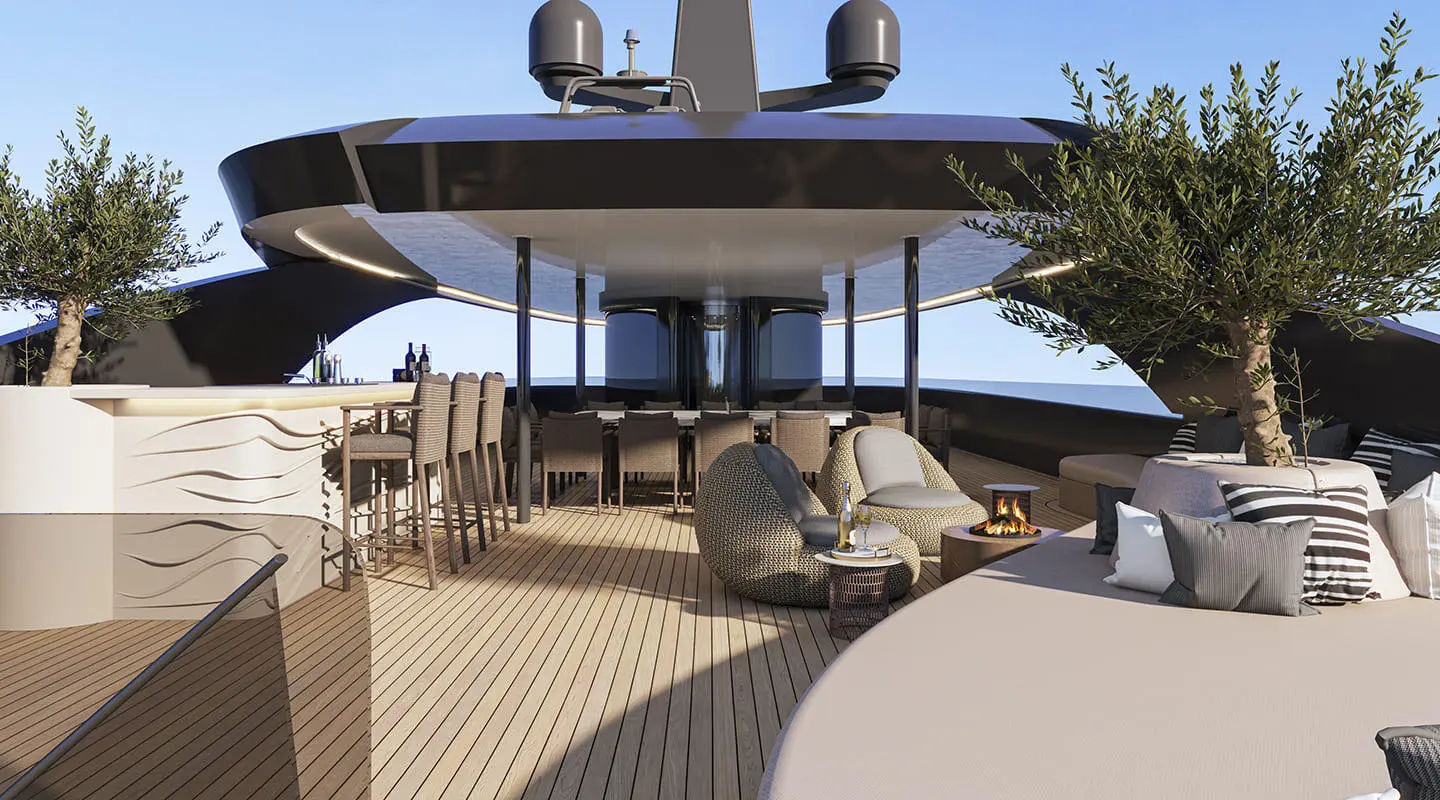 Bello yacht deck scene with seating area, sun loungers, and shaded helm on wood deck