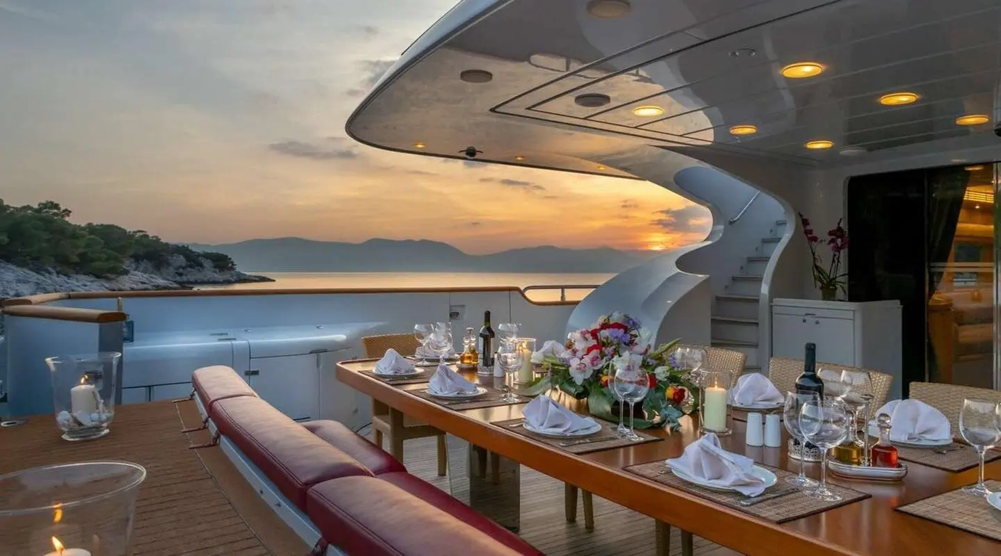 Glaros yacht dining area aboard as sunset glows over calm sea