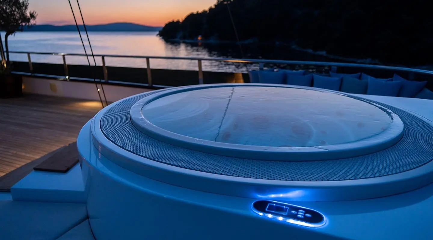 Anima Maris yacht deck at sunset, white hull, calm blue water, distant shore