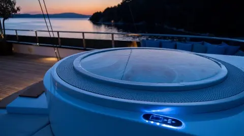 Anima Maris yacht deck at sunset, white hull, calm blue water, distant shore