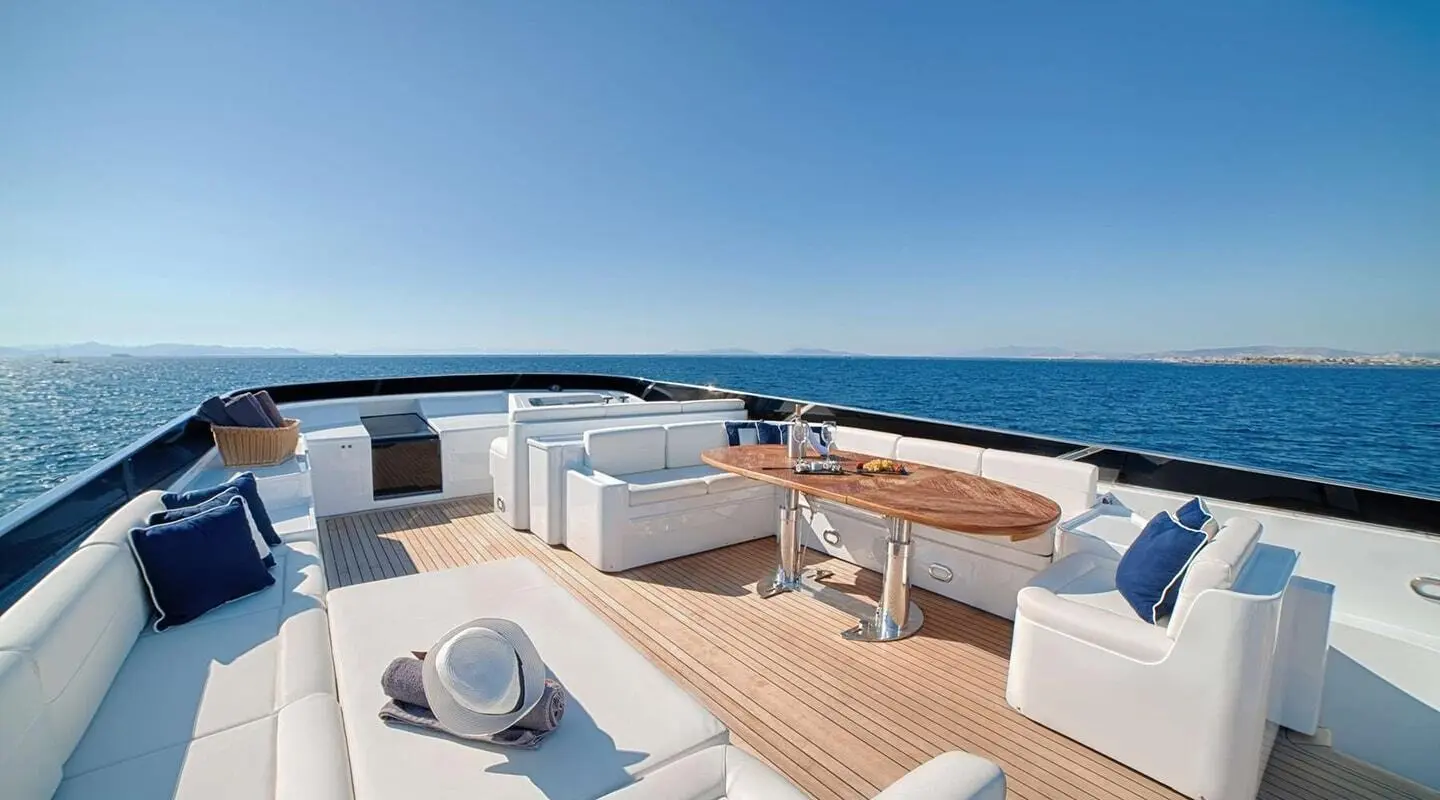 Yacht Zoi flybridge with seating area and ocean view on a sunny day