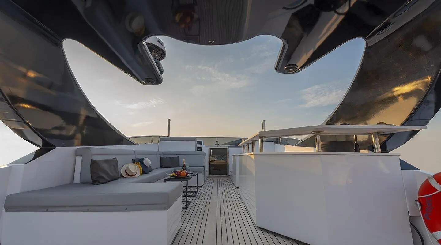 Yacht Project Steel motoryacht deck scene with white railings and helm