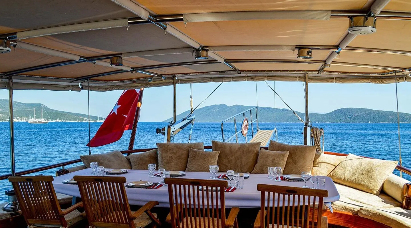 Enderim A yacht charters seen from a shaded deck with lounge chairs