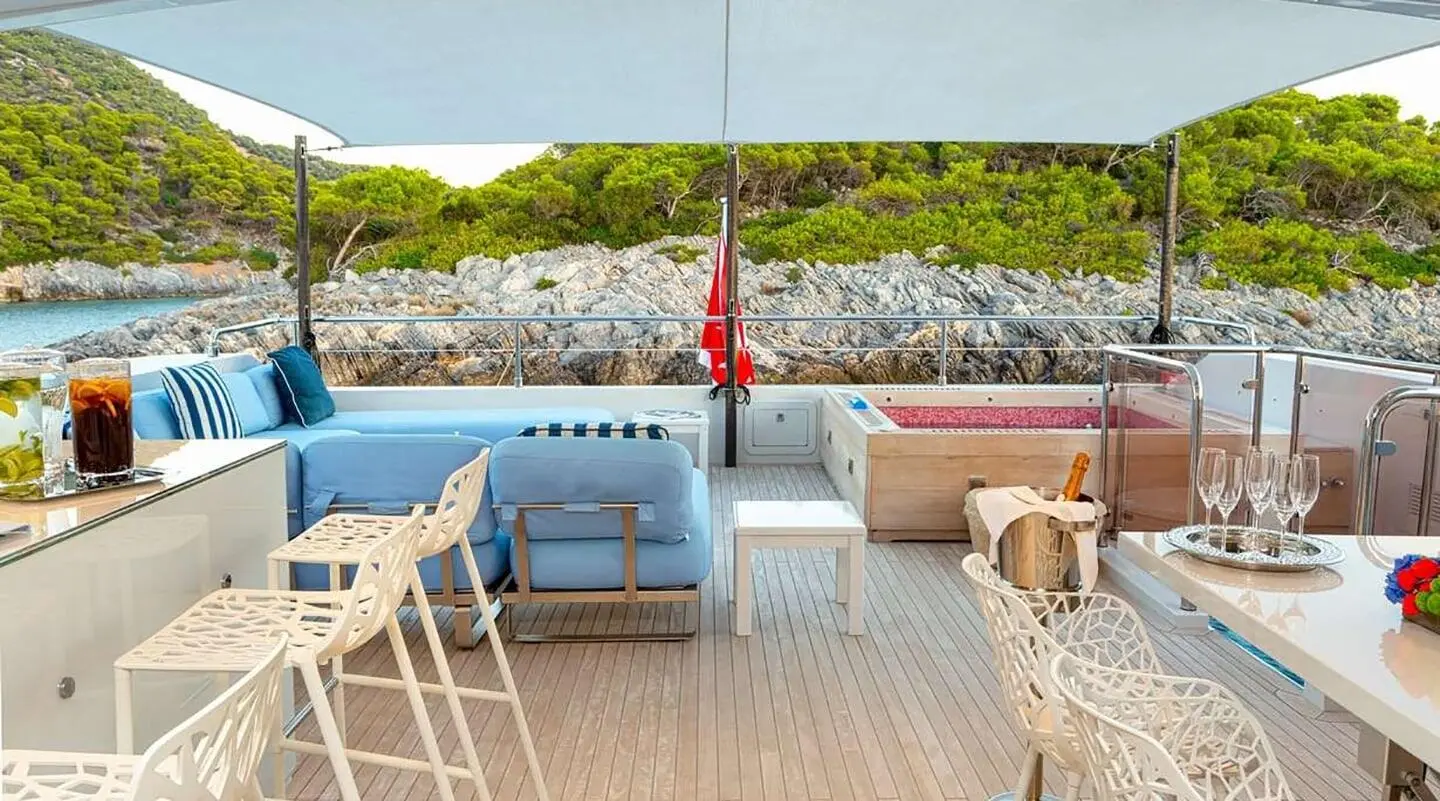 Sea Wolf motor yacht on a sunlit aft deck with seating and blue chairs