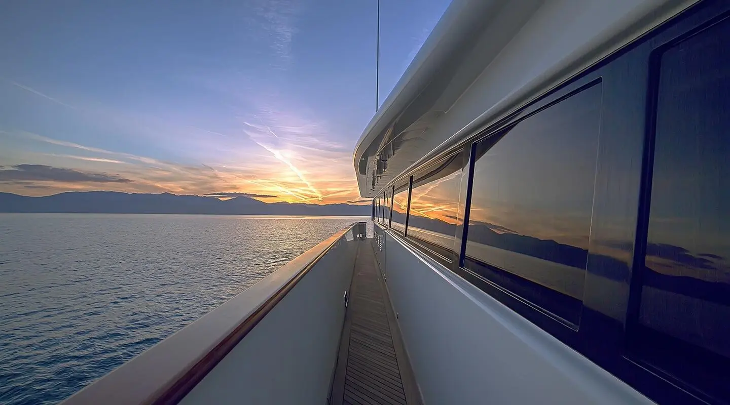 Sunset over calm sea viewed from the starboard side of Aquila yacht, railing visible