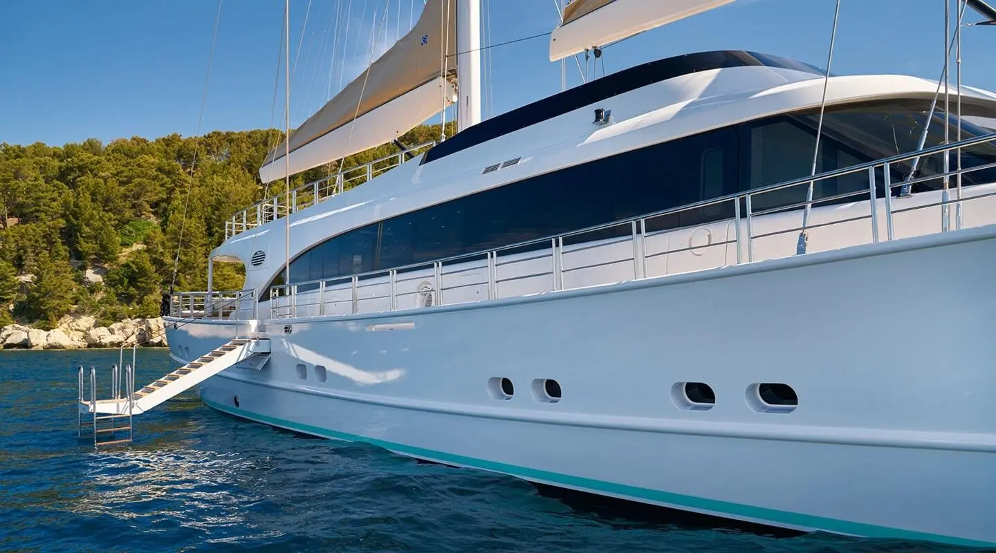 Side view of Acapella luxury yacht anchored by a marina, water nearby