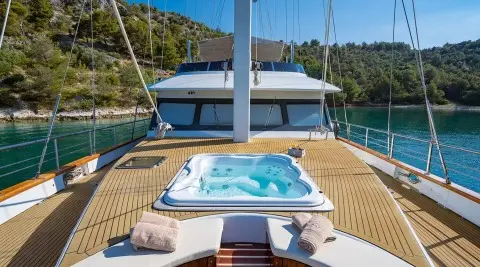 On the yacht Navilux's deck with a jacuzzi and seating area overlooking the water