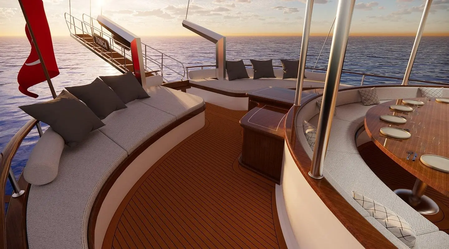 Deck seating area of Tosca gulet on aft deck, view of water and horizon