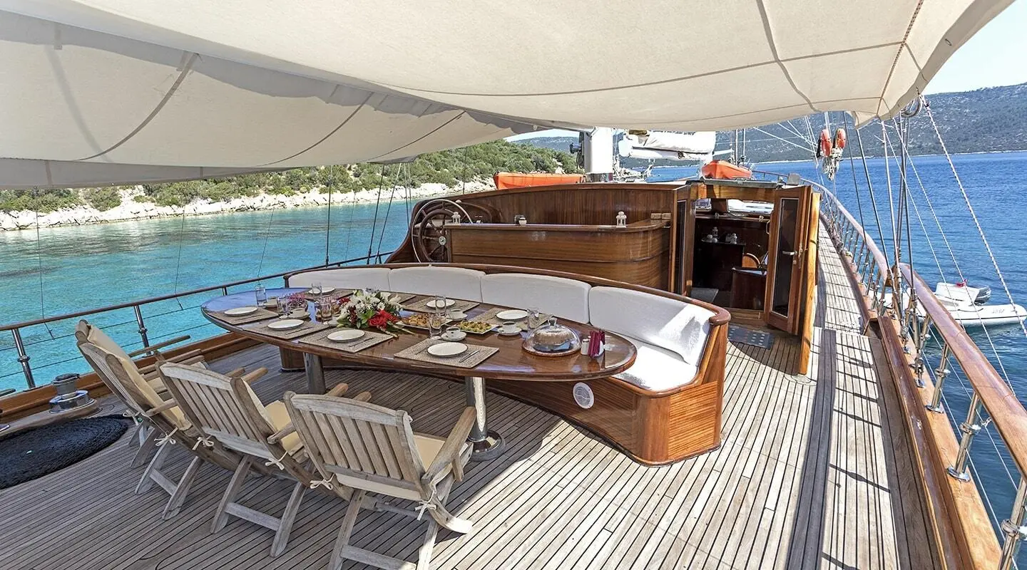 Grace 1 yacht deck with teak finish, shaded dining area and ocean view