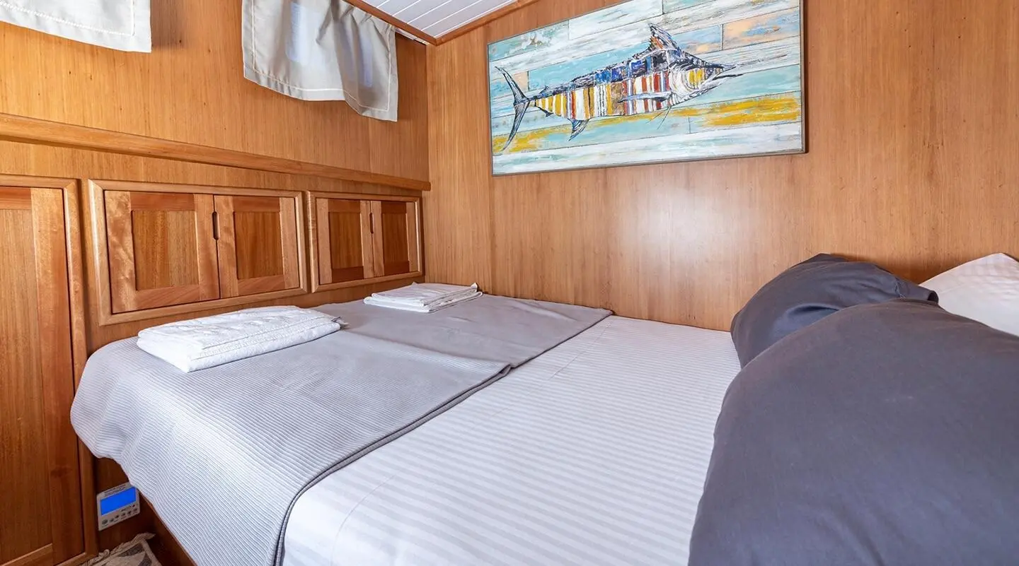 Interior of Bodrum Queen gulet with a two-person double bed