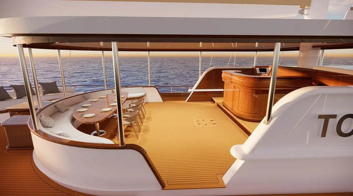 Yacht Tosca deck at sunset with wood deck, rope railings, and calm sea