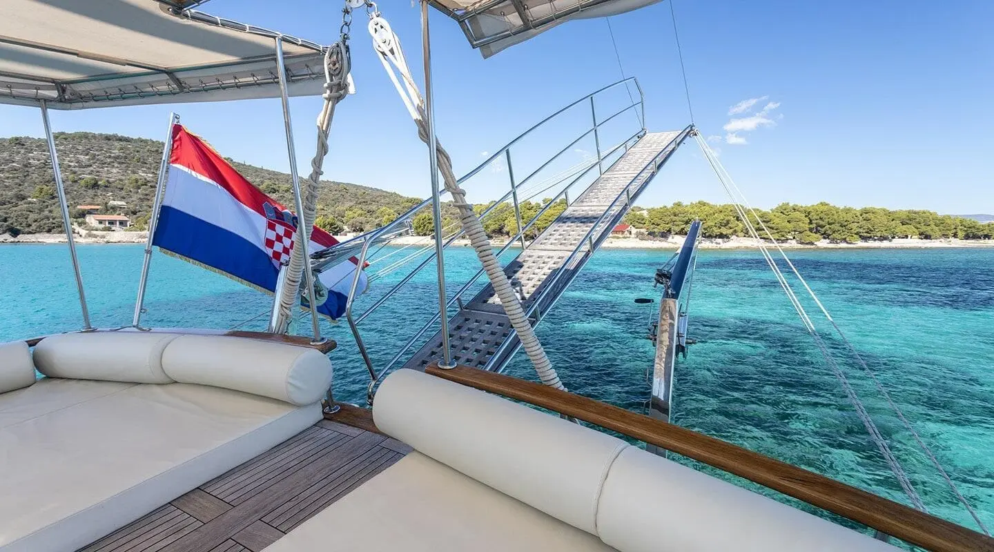 Andi Star gulet aft deck with railing, seating, and calm blue sea view