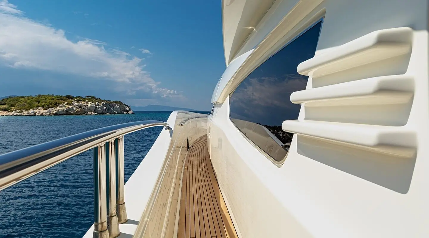 Side deck of a yacht named Divine with white railings and ocean view