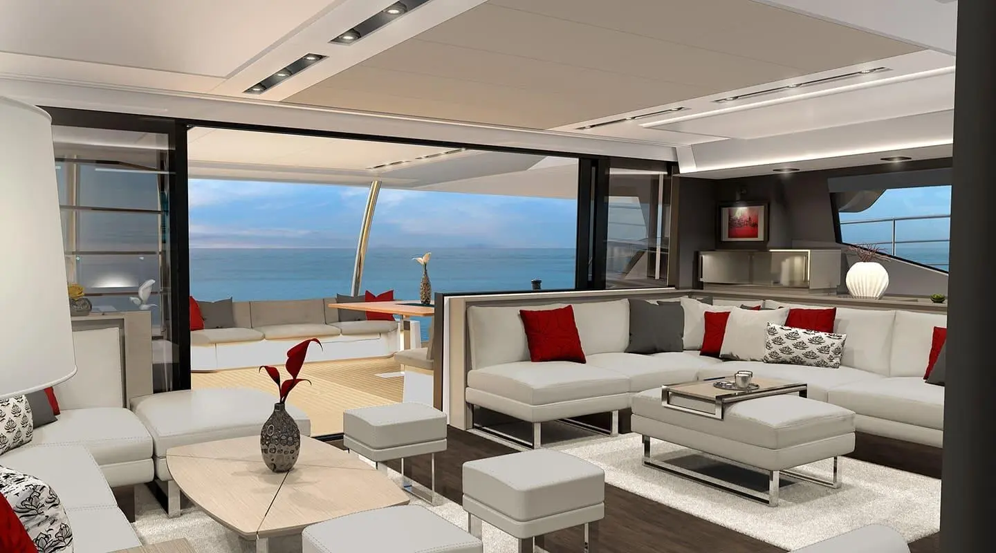 Interior of yacht D2 saloon with seating area, large windows, and ocean view