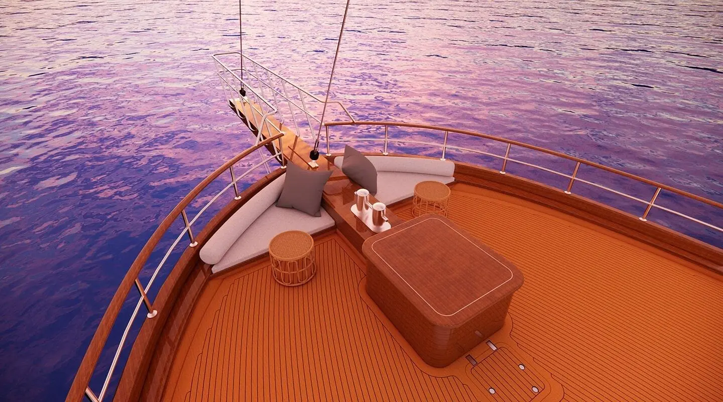 Tosca yacht deck at sunset with lounge chairs and a wooden table