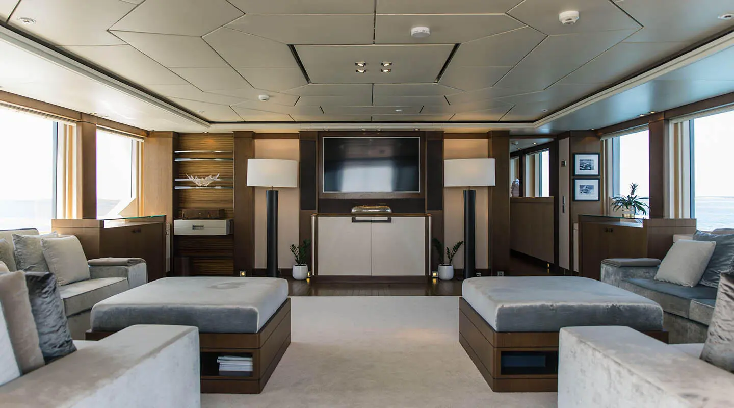 Luxurious Alalya yacht interior salon with plush seating and modern entertainment system