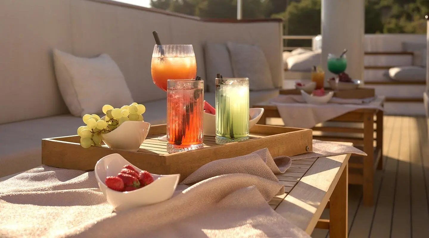 Sunlit yacht Bellezza deck with lounge chairs and colorful drinks