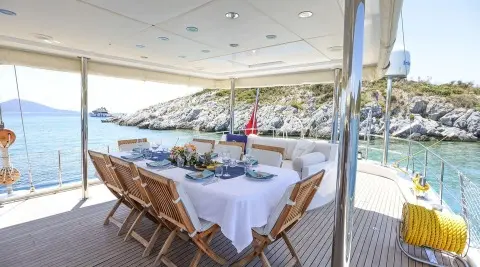 Gazella yacht charter on a sunset gulet with a shaded deck and dining setup